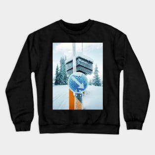 Snow-Covered Traffic Sign in Frozen Winter Landscape in Scandinavia Crewneck Sweatshirt